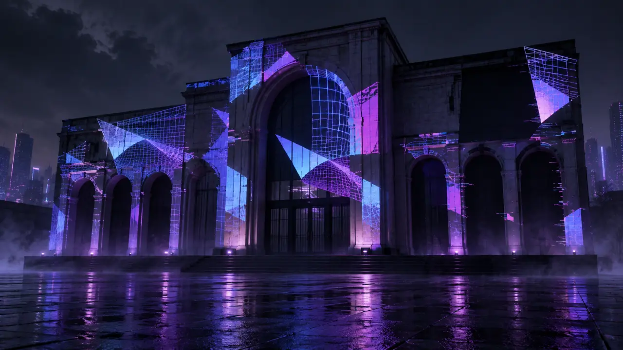 Projection de mapping vidéo aux teintes violettes et cyan sur une architecture sombre