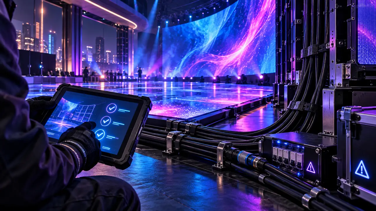 Installation LED immersive dans une scénographie sombre et cyberpunk