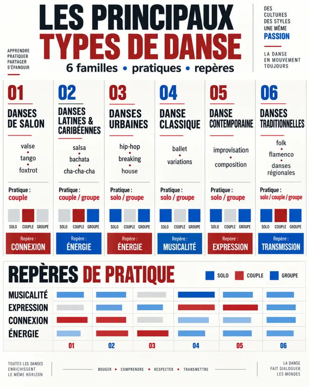 Infographie des principaux types de danse et de leurs modes de pratique