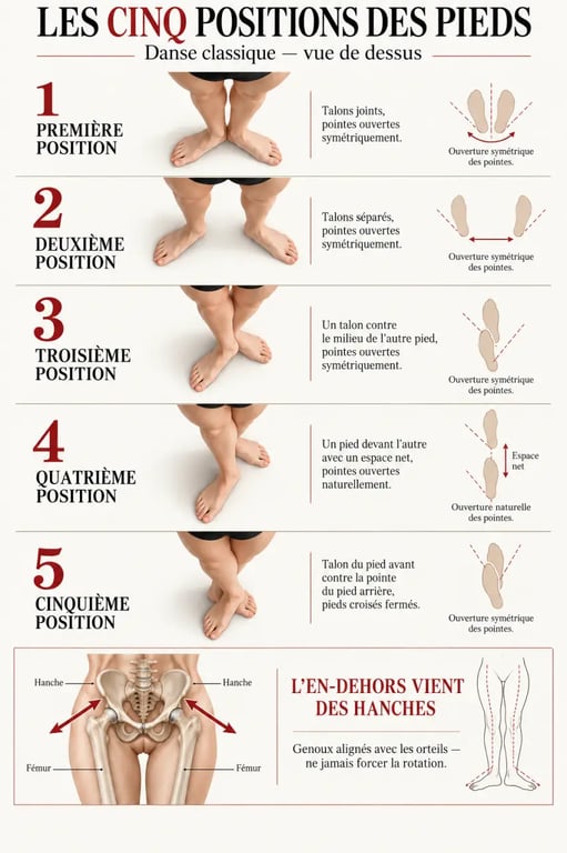 Les cinq positions de danse classique des pieds, de la première à la cinquième