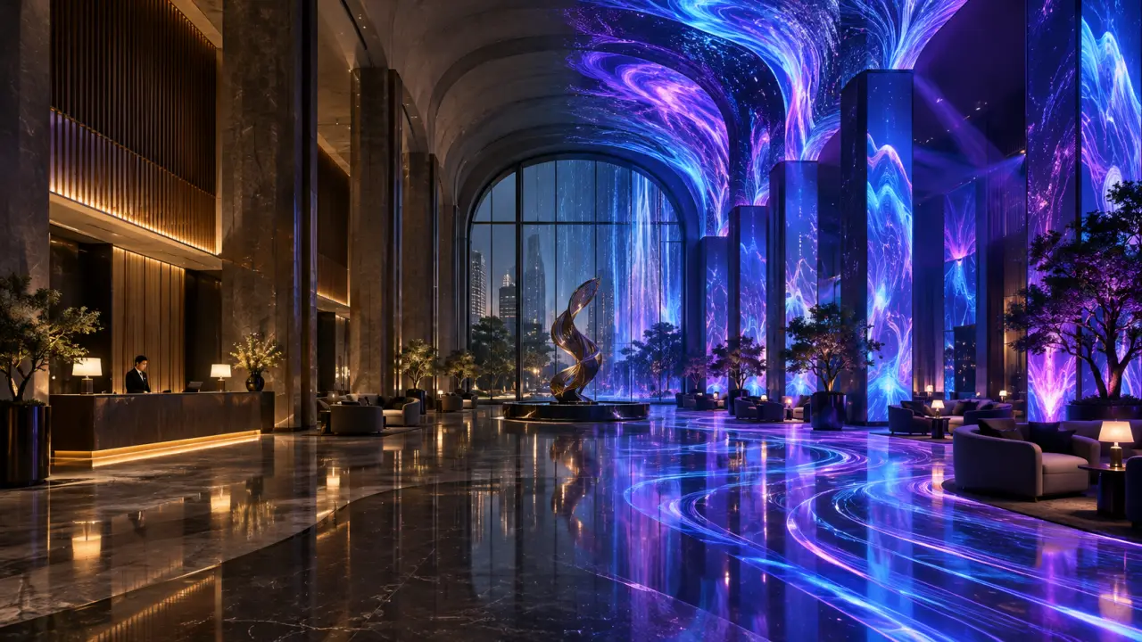 Hall d’hôtel métamorphosé par une projection de mapping vidéo