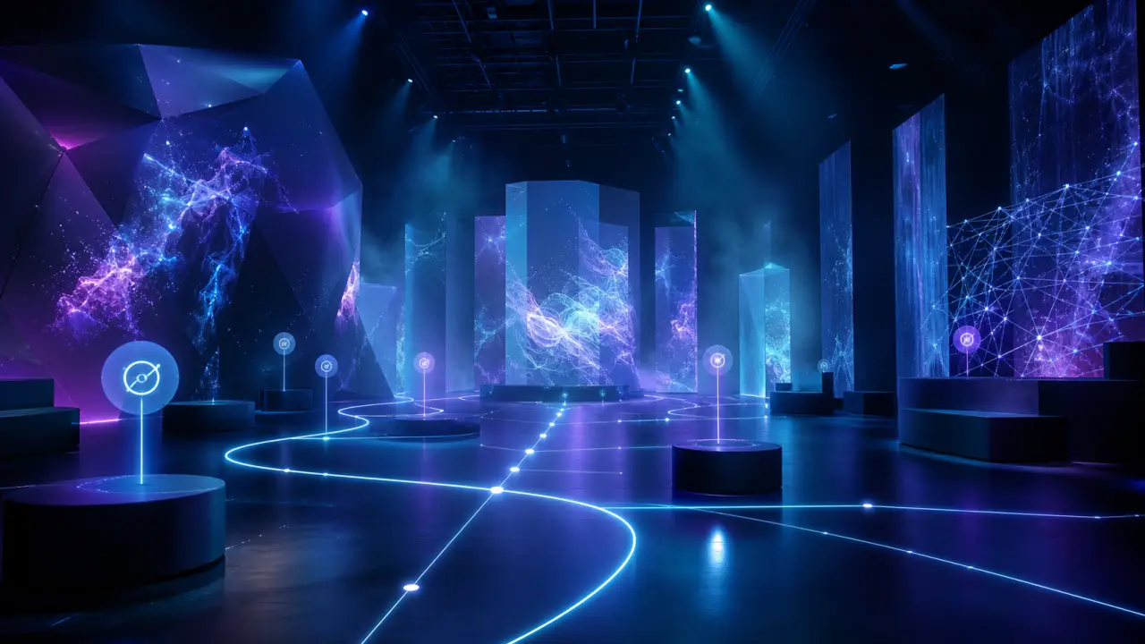 Scène 3D immersive sombre avec structures géométriques lumineuses en néon violet et cyan