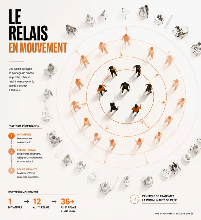 Danse en groupe pour soirée entraînant progressivement toute la salle