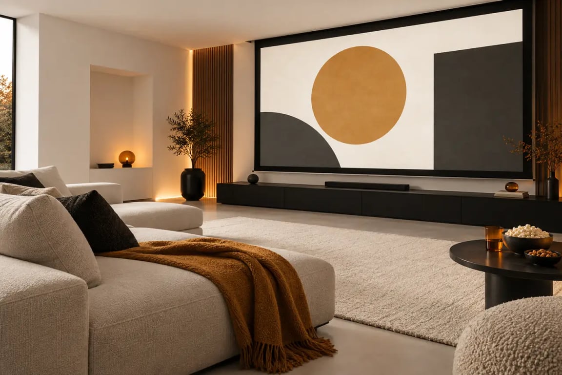 Ambiance chaleureuse pour une soirée cinéma à domicile avec écran, plaids et bar à snacks