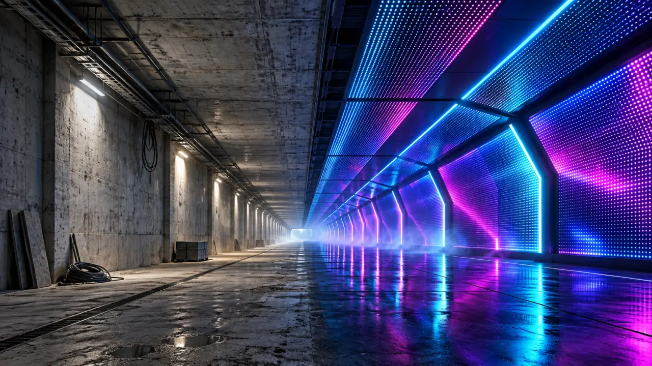 Tunnel industriel transformé par une installation LED immersive