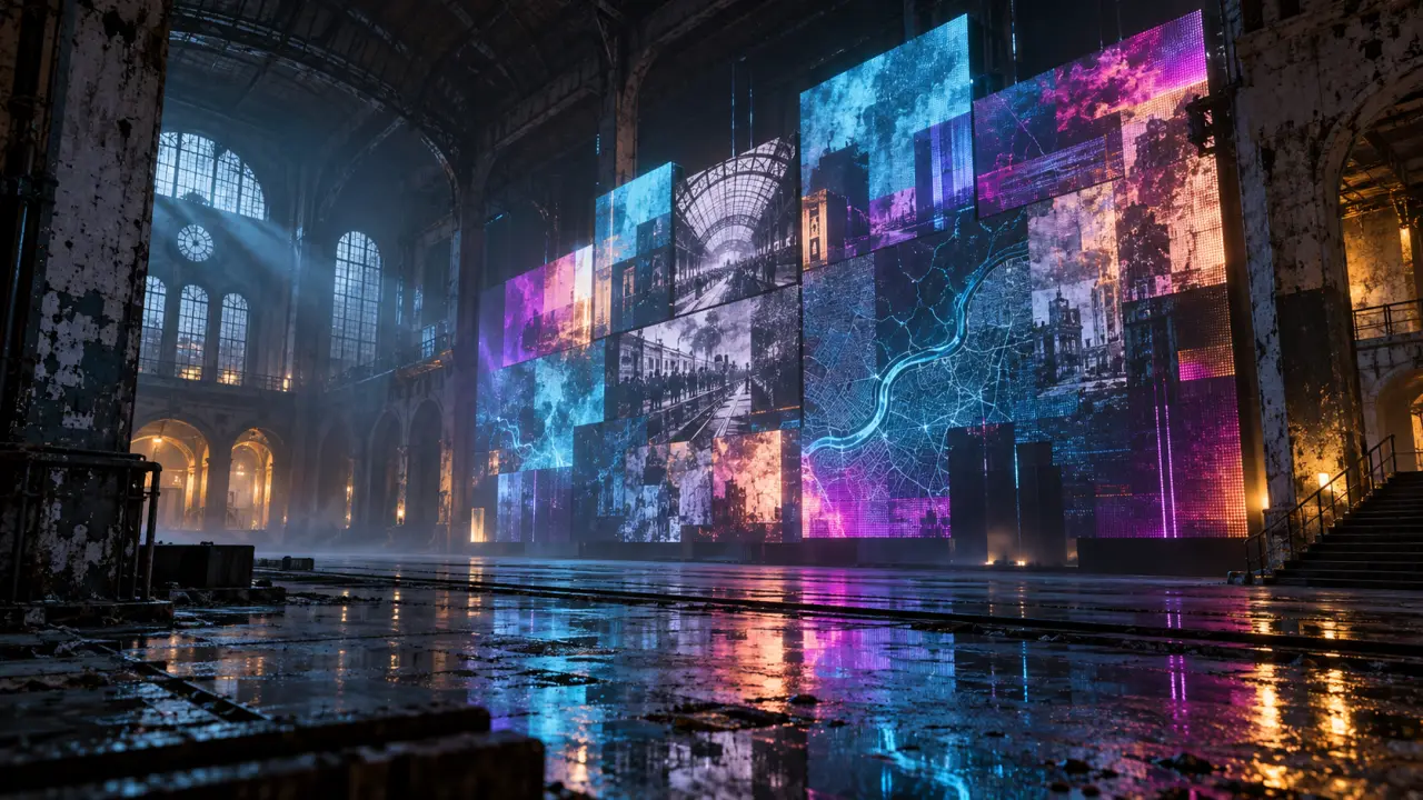 Fresque LED lumineuse révélant l'architecture d'un lieu oublié