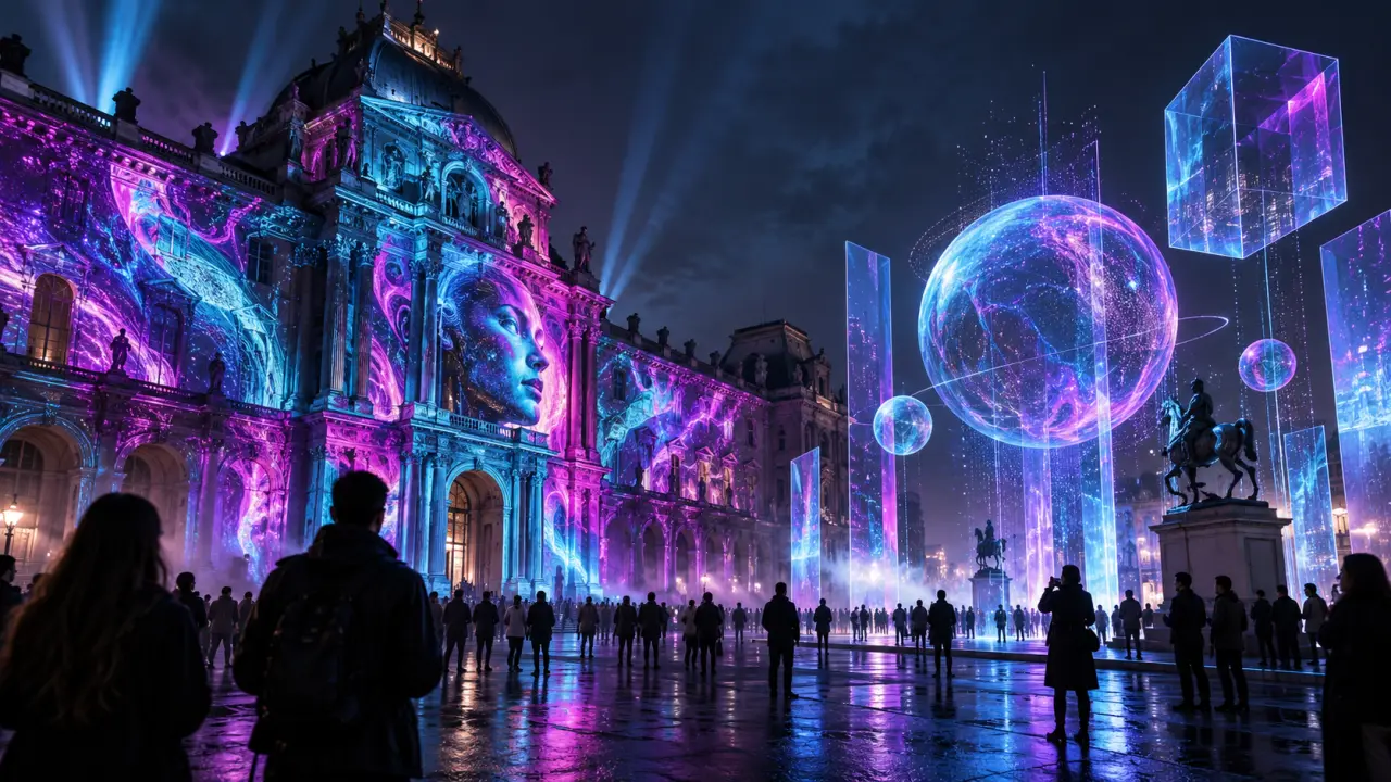 Installation immersive mêlant projection vidéo, lumière violette et éléments de réalité augmentée