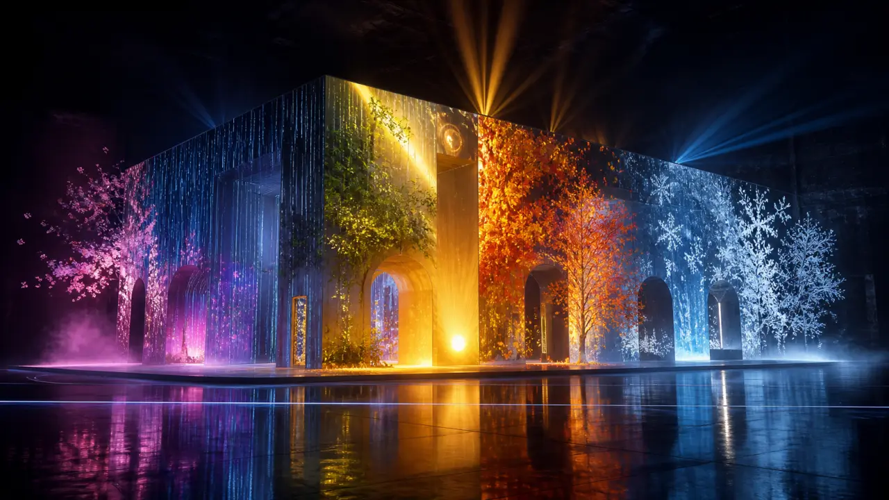 Scène immersive en 3D avec structures géométriques sombres, néons violets et cyans, ambiance cyberpunk
