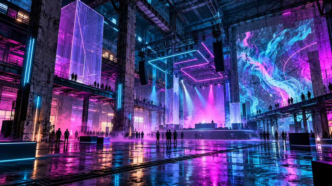 Friche industrielle transformée en scène immersive aux lumières cyberpunk violettes et cyan
