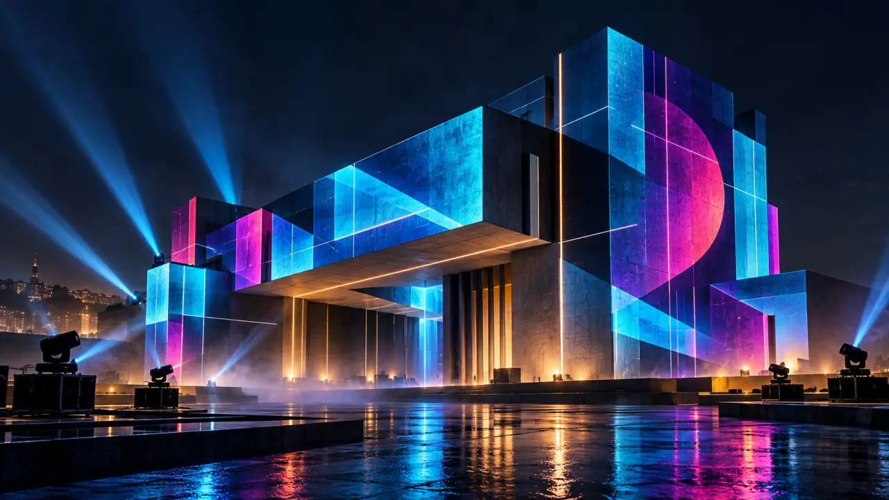Installation de mapping vidéo immersive dans un espace sombre aux lumières violettes et cyan
