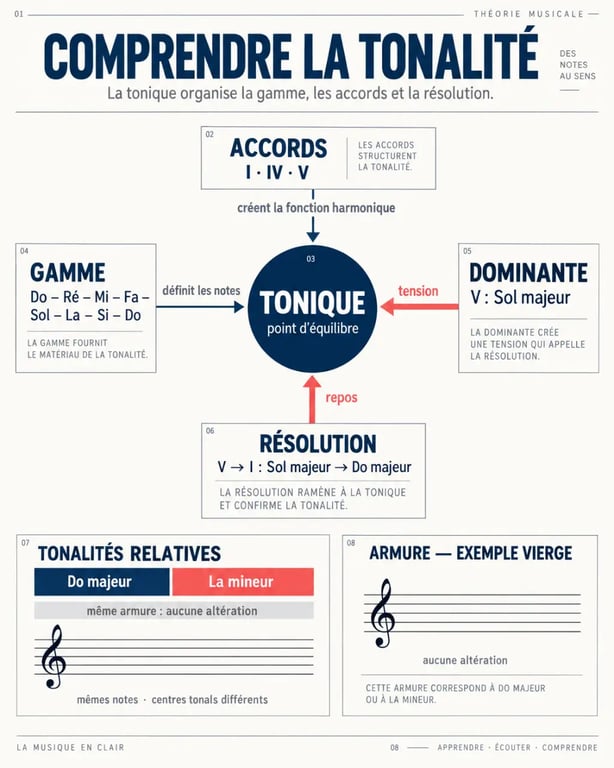 Infographie pédagogique sur la tonalité musique, la tonique, les accords et les tonalités relatives
