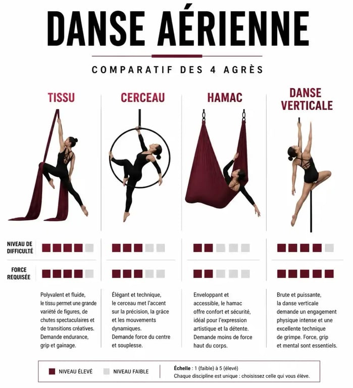Infographie comparative des agrès de danse aérienne : tissu, cerceau, hamac et danse verticale