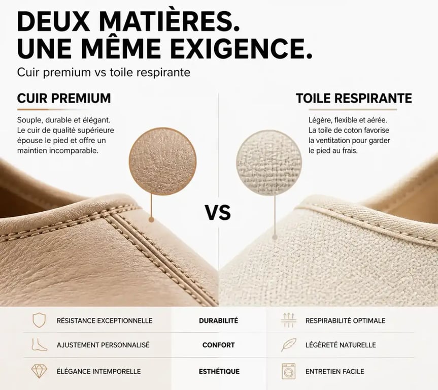 Détail des matières de chaussons de danse : cuir et toile