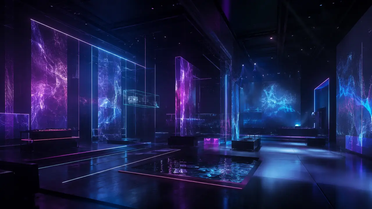 Scène immersive en 3D avec néons violets et cyans dans une atmosphère sombre