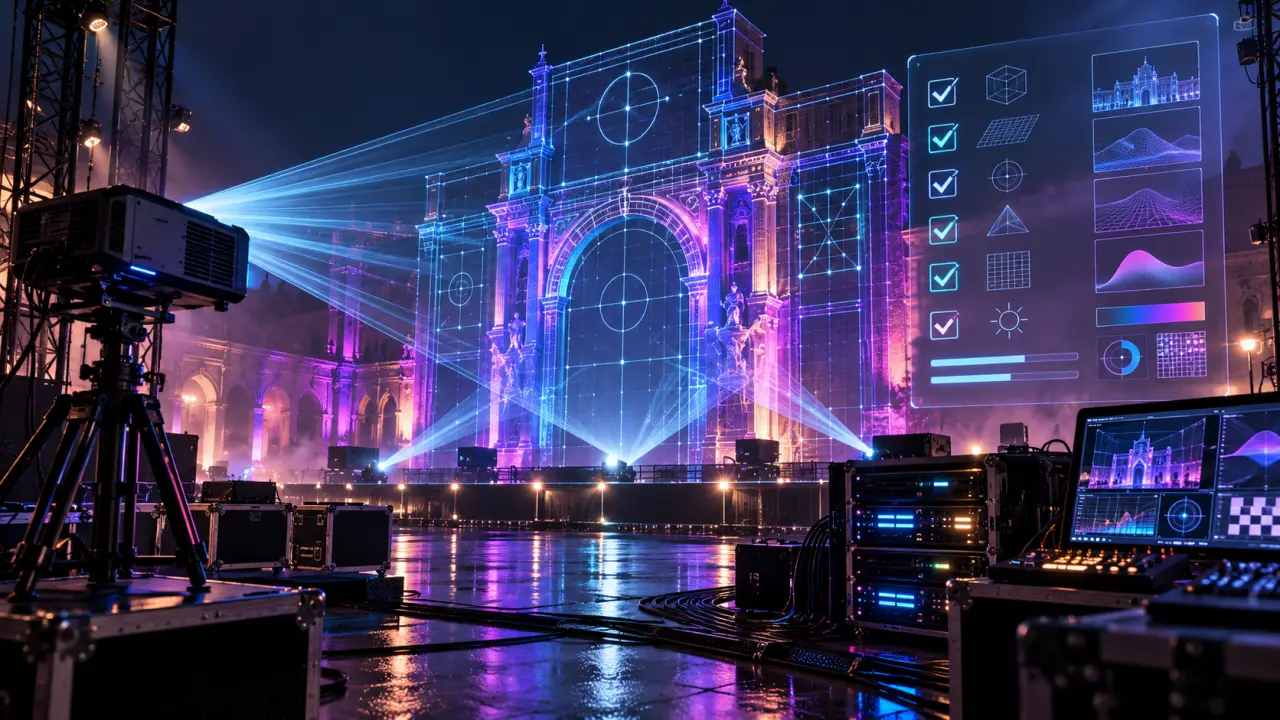 Installation de mapping vidéo événementiel dans une scénographie sombre et immersive