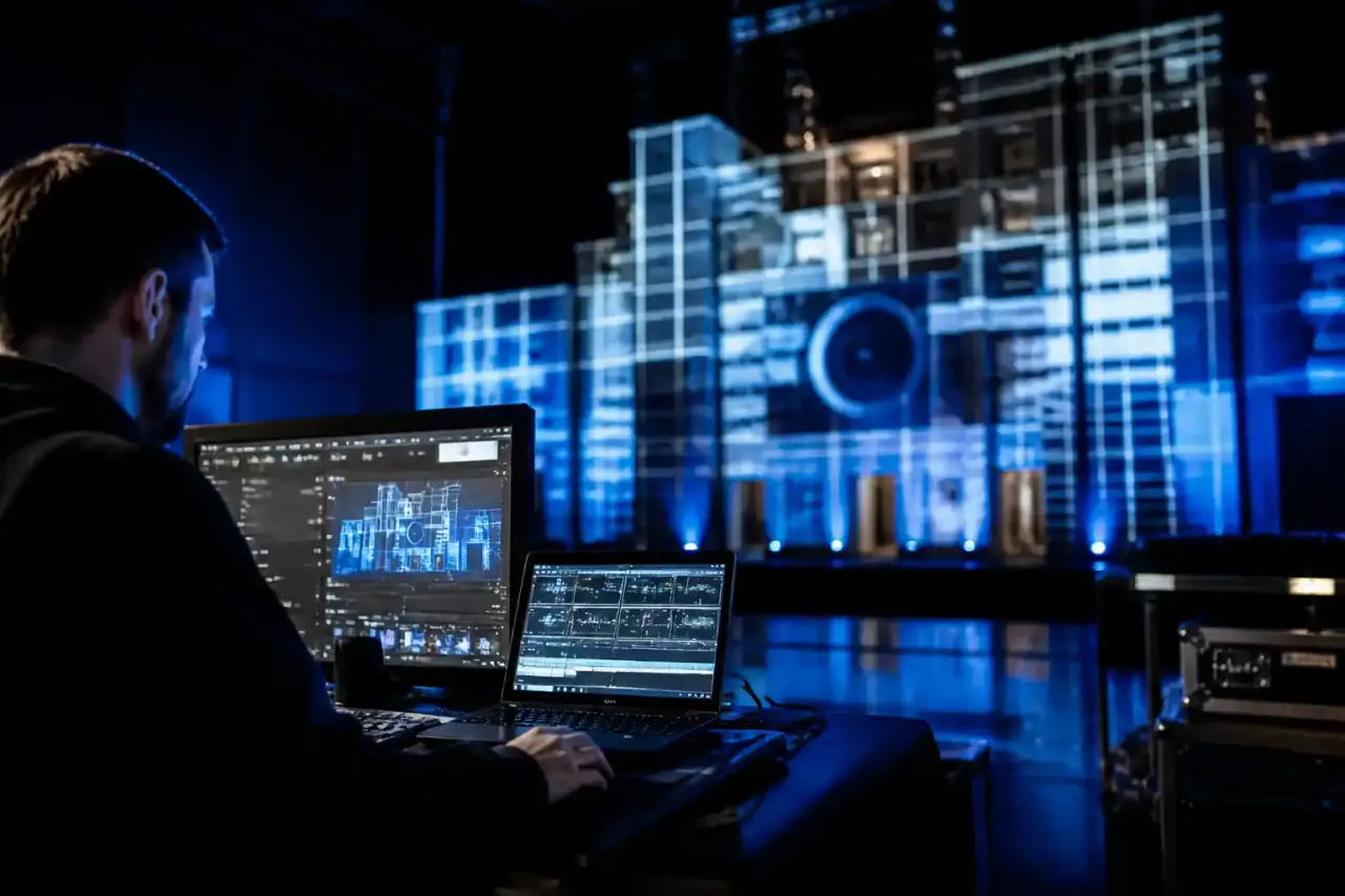 Scène immersive de mapping vidéo dans une ambiance cyberpunk sombre