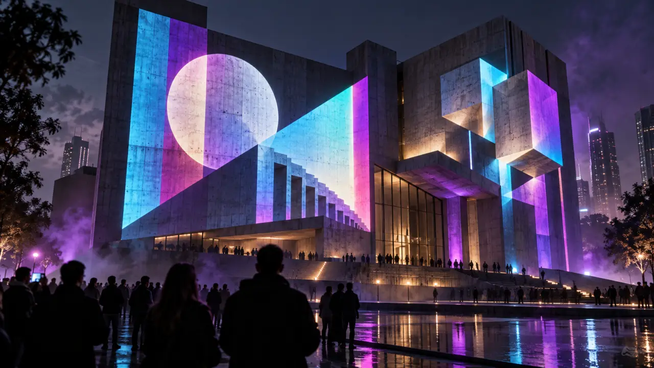 Projection de mapping vidéo aux formes géométriques violettes et cyan sur une architecture sombre