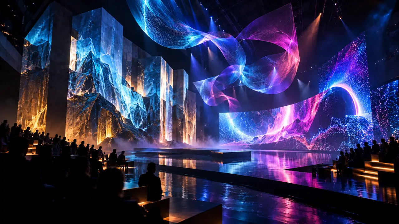Scène immersive combinant mapping vidéo, écrans LED et animations lumineuses