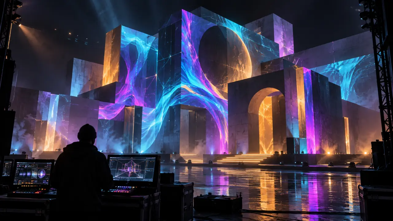 Installation de mapping vidéo immersif dans une scénographie sombre
