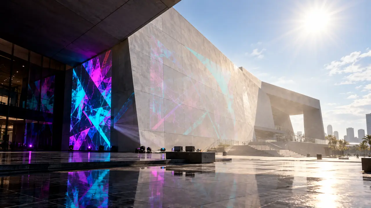 Projection de mapping vidéo colorée sur une architecture contemporaine en extérieur