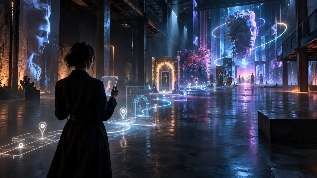 Parcours artistique en réalité augmentée dans une scénographie sombre et lumineuse