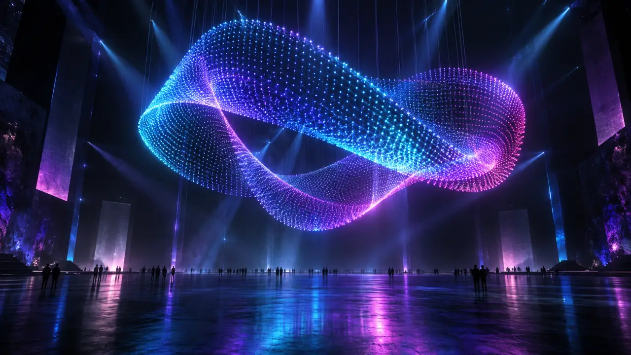 Installation LED volumétrique immersive dans une scène sombre et cyberpunk