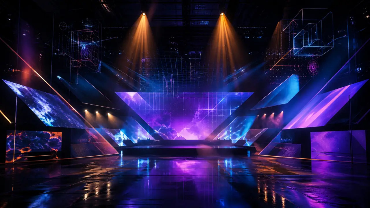 Scénographie immersive en ambiance cyberpunk, néons violets et cyans dans l'obscurité