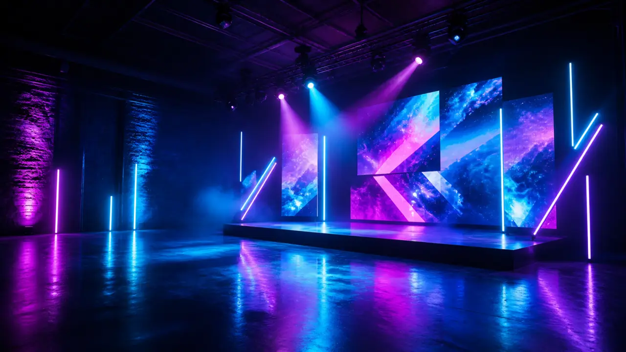 Installation LED immersive dans une ambiance sombre et cyberpunk
