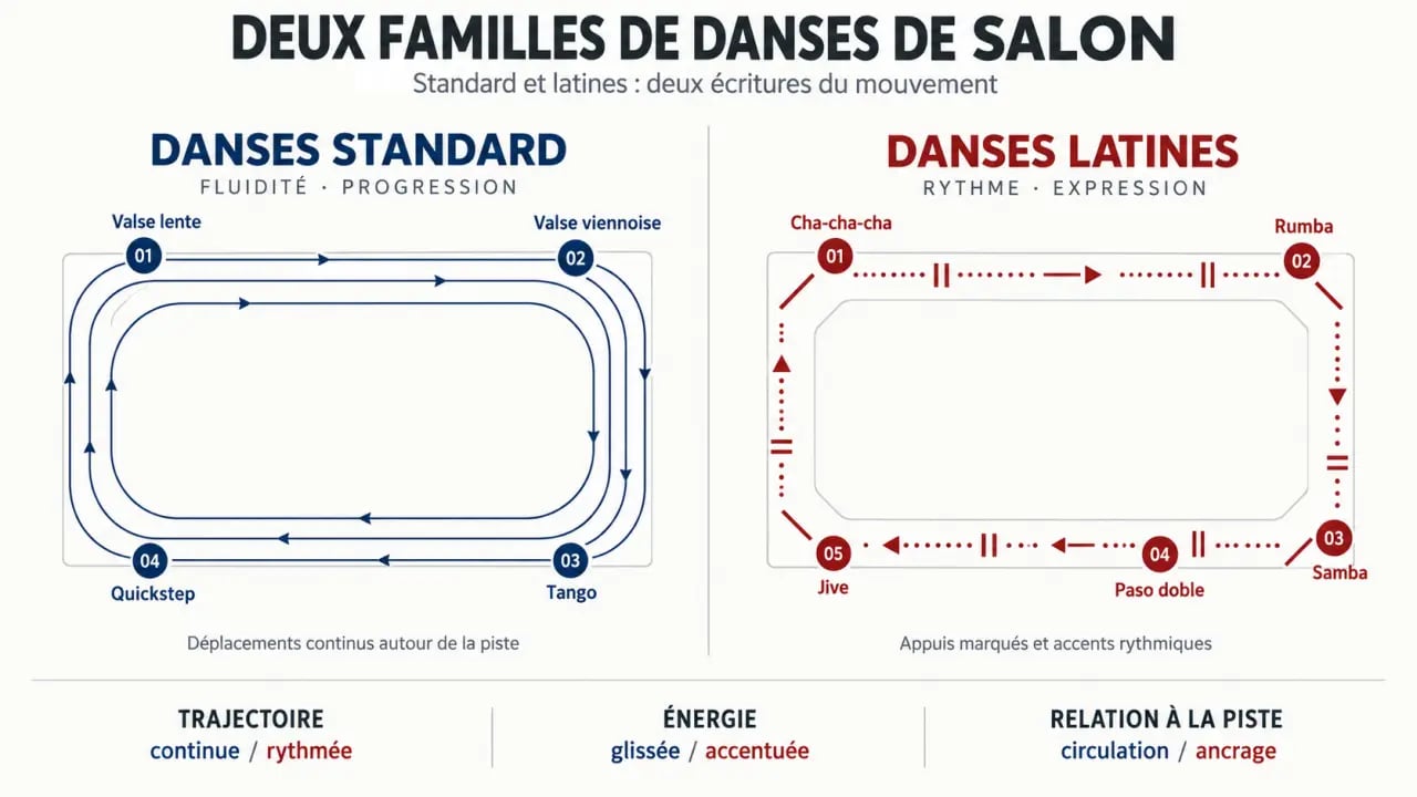 Infographie des deux familles de danse de salon : danses standard et danses latines