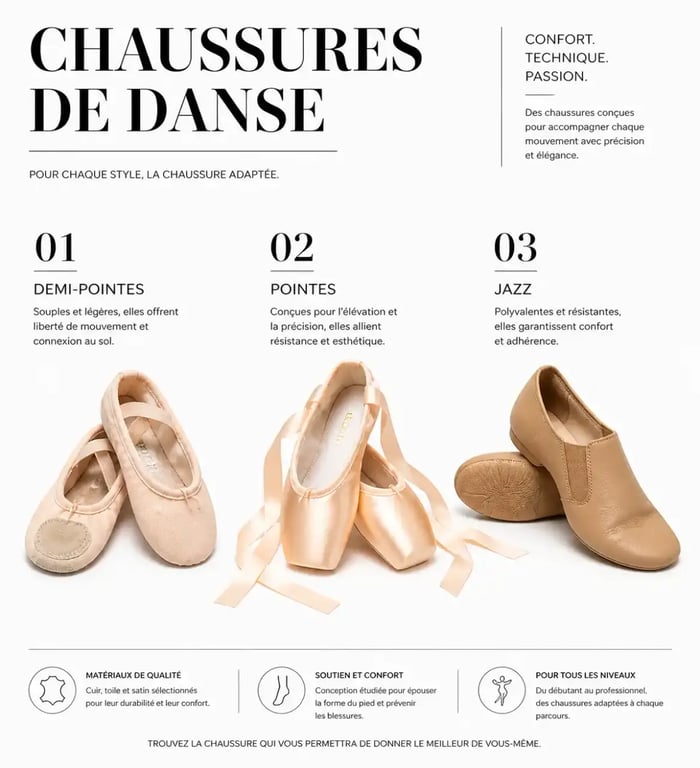 Différents types de chaussons de danse : demi-pointes, pointes et chaussons de jazz