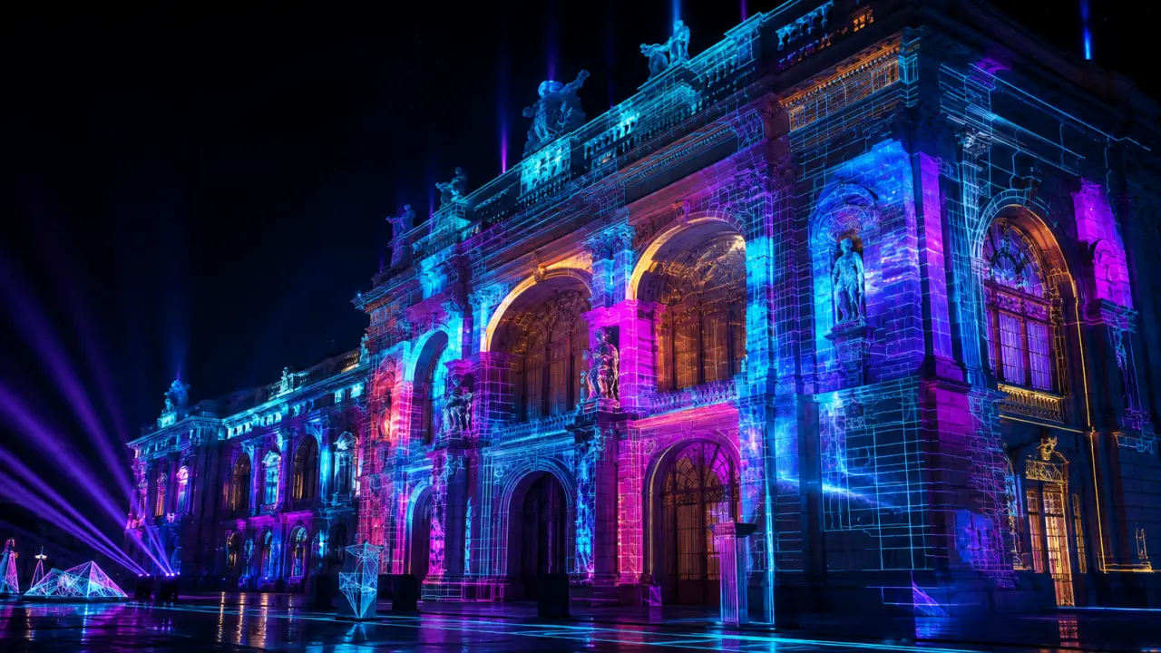 Mapping vidéo sur façade patrimoniale, ambiance nocturne et lumière cinématique