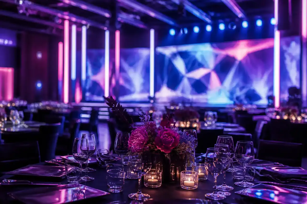 Scène immersive néon pour un gala institutionnel, ambiance cyberpunk et lumière cinématographique