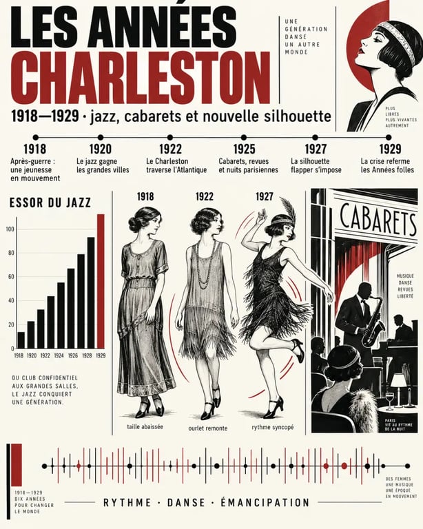 Frise historique des années Charleston de 1918 à 1929 avec jazz, danse et mode flapper