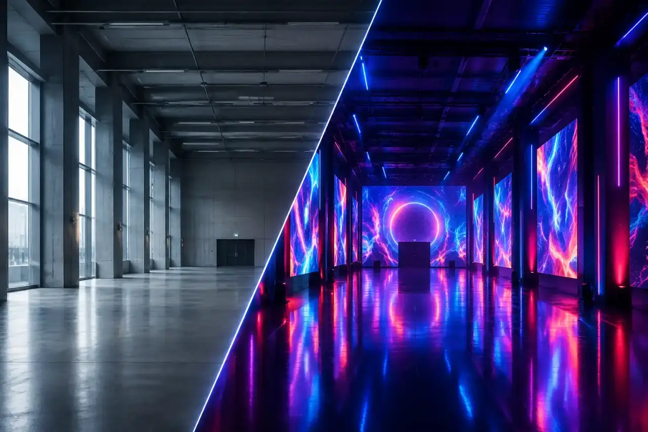 Hall transformé par une installation de panneaux LED et de lumières immersives