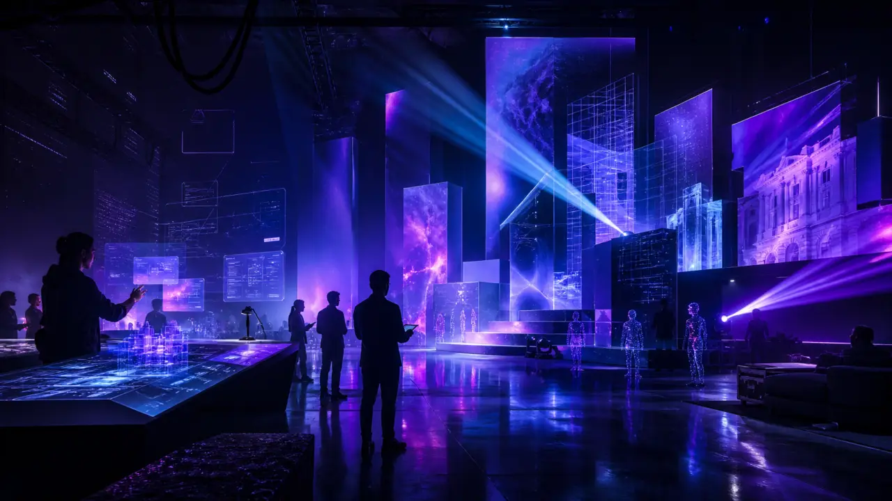 Scène immersive sombre éclairée par des néons violets et cyans, ambiance cyberpunk
