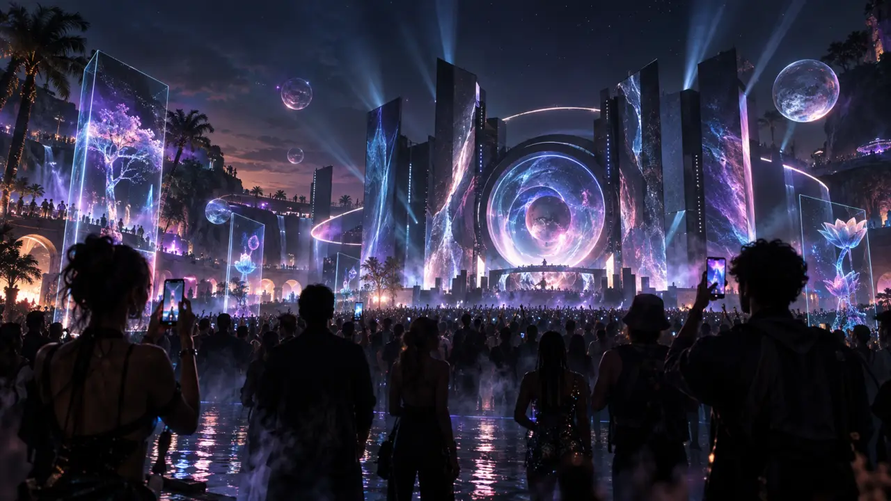 Installation de réalité augmentée dans l'ambiance nocturne d'un festival