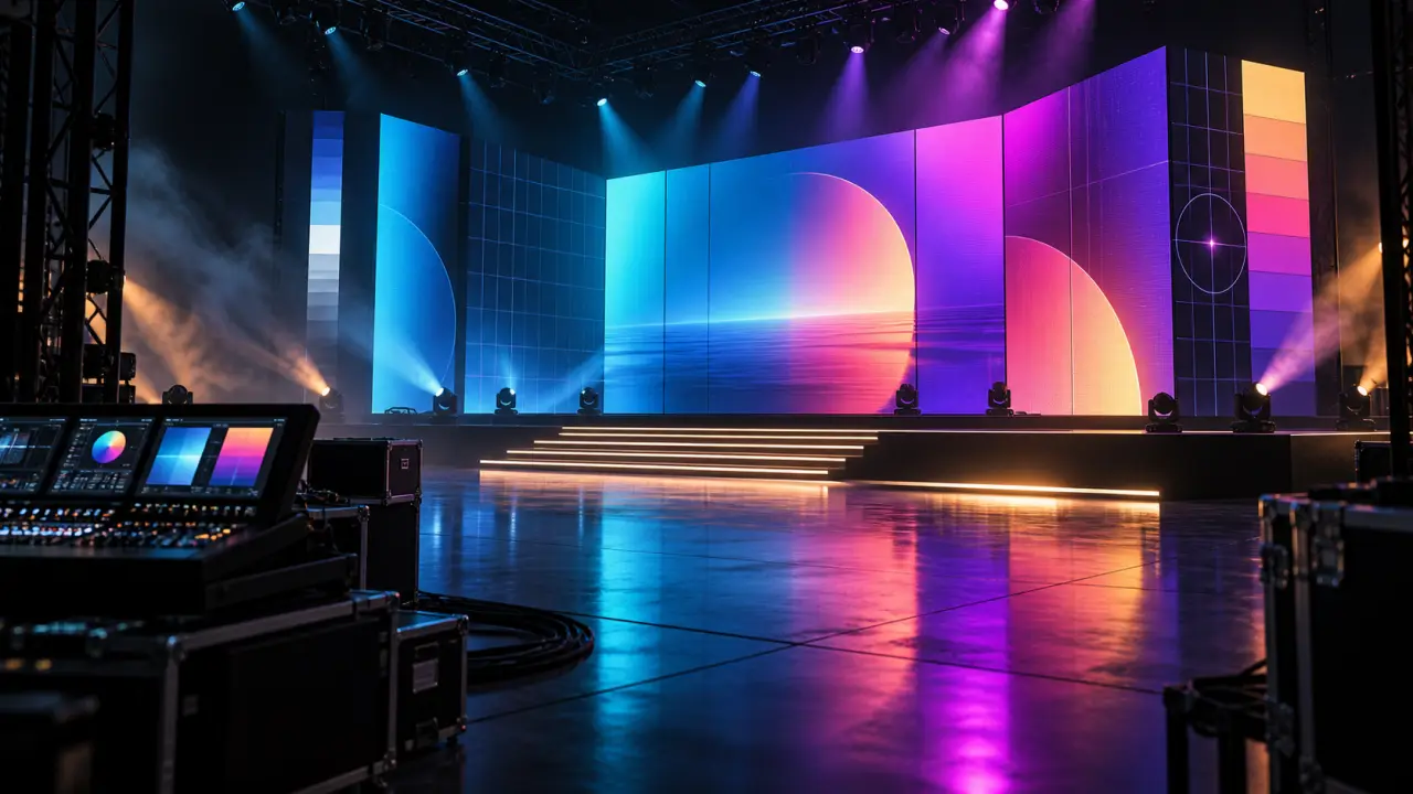 Installation de panneaux LED créant une scène immersive aux couleurs violettes et cyan