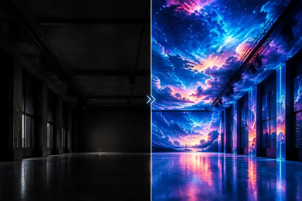Plafond sombre transformé en ciel lumineux par une projection de mapping vidéo