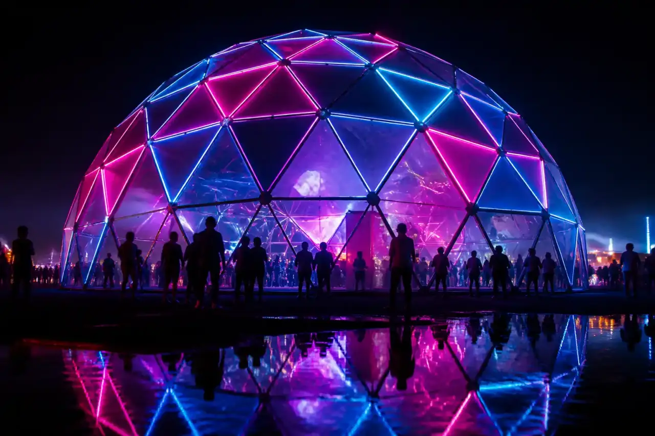 Dôme LED cyberpunk immersif au cœur d’un festival nocturne