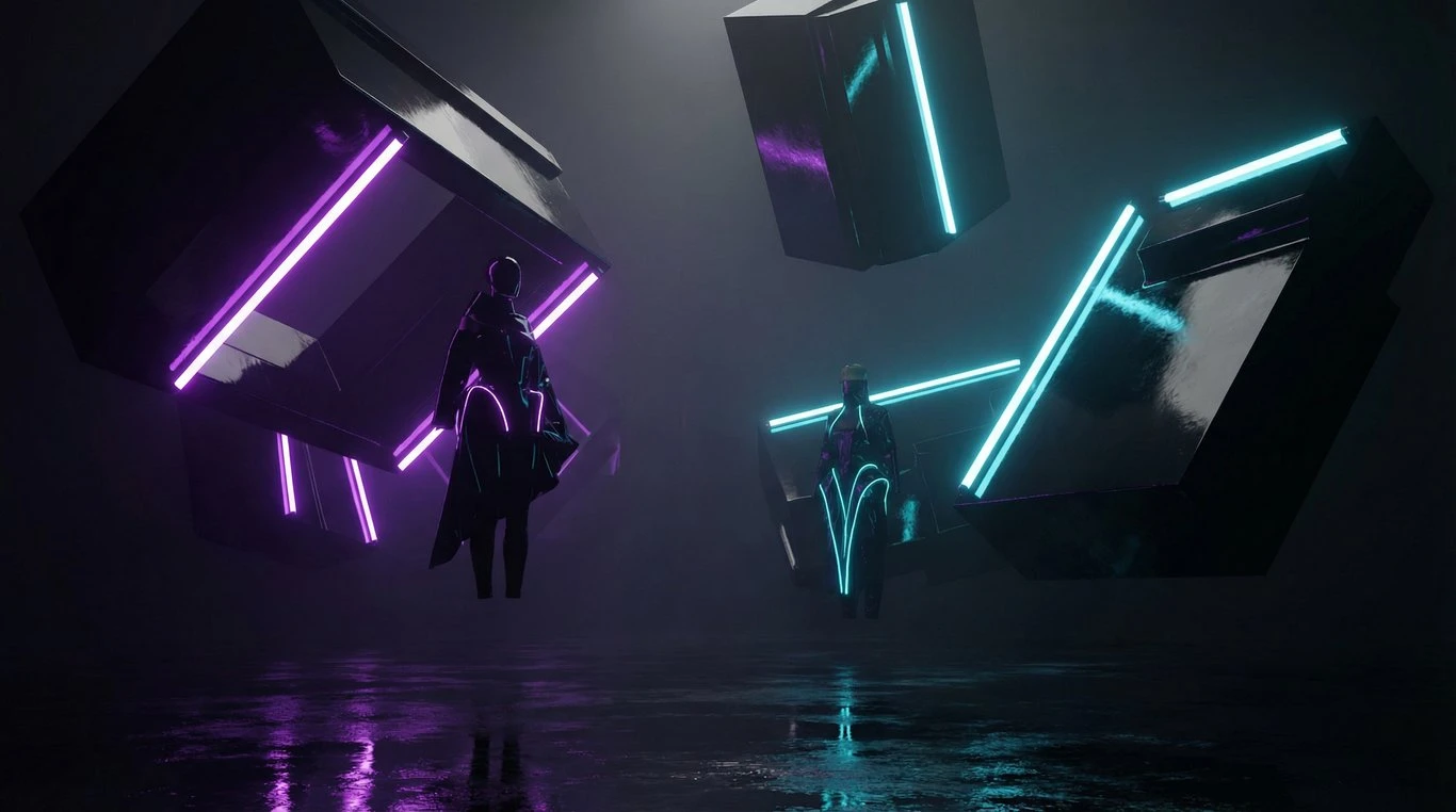 Scène abstraite 3D avec structures géométriques et néons violets