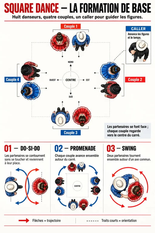 Schéma de la formation et des figures du square dance en danse américaine