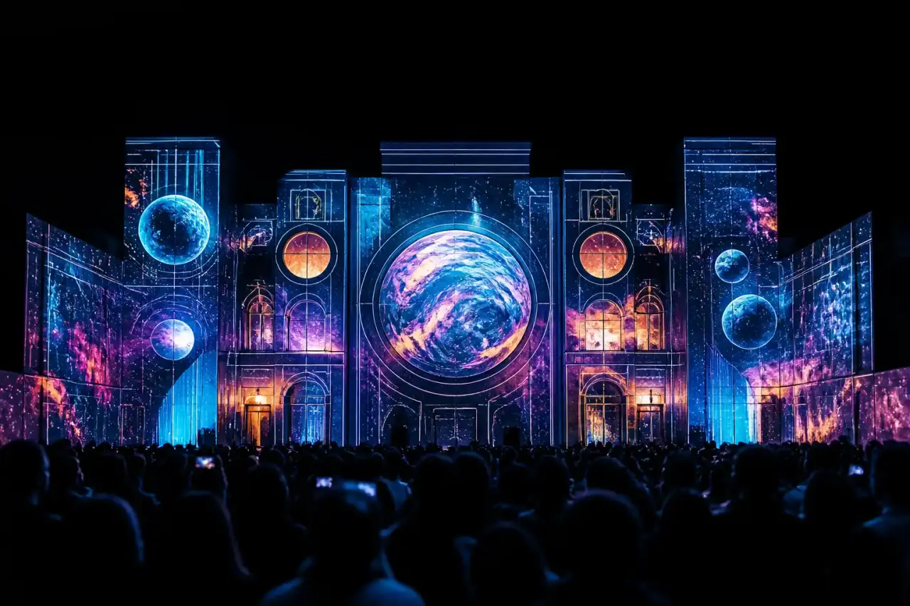Scène immersive avec projection mapping, néons violets et cyans dans une atmosphère sombre